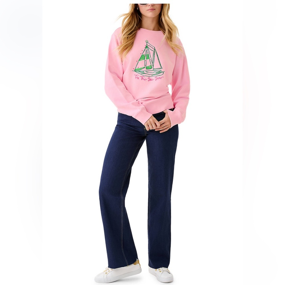 Lilly Pulitzer Ballad Cotton Sweatshirt Christmas Holiday Pink Party Boat L - Picture 3 of 4